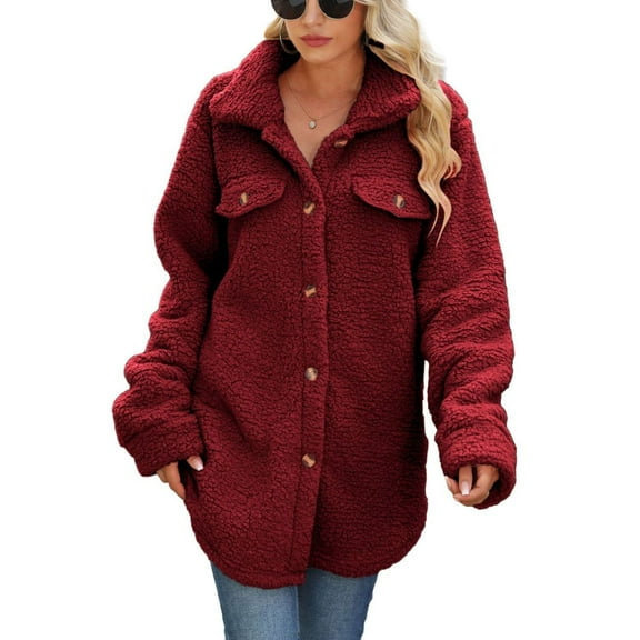SWSMCLT Women's Long Sleeve Fleece Coat Casual Drop Shoulder Top Winter Coats Fall Fuzzy Button Spring Cute Loose Date Night Burgundy Large