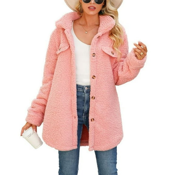 SWSMCLT Women's Long Sleeve Fleece Coat Casual Drop Shoulder Top Winter Coats Fall Fuzzy Button Spring Cute Loose Date Night Pink Large