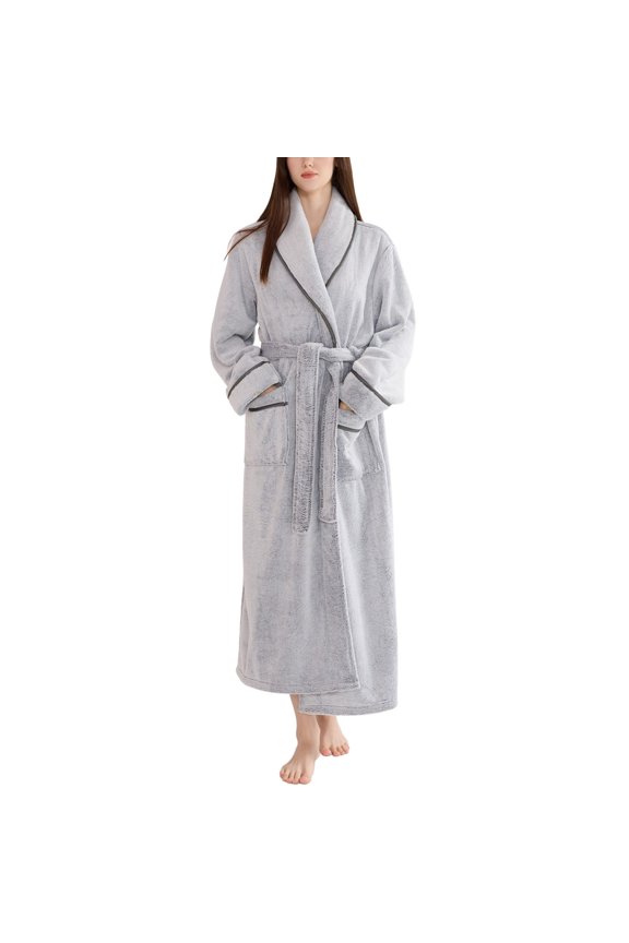 Women's Long Sleeve Fleece Robe Bath Winter Thick Warm Lounge Soft Wrap Oversized Bathrobe Long Pjs Fleece Grey Small