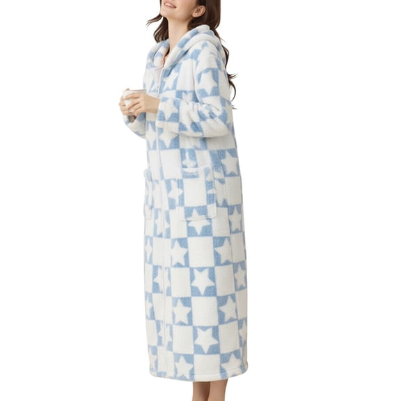 SWSMCLT Women's Long Sleeve Fleece Robe Pajamas Cute Long Thick Winter Warm Comfy Zip Up Fashion Spring Pjs Blue Small-X-Large