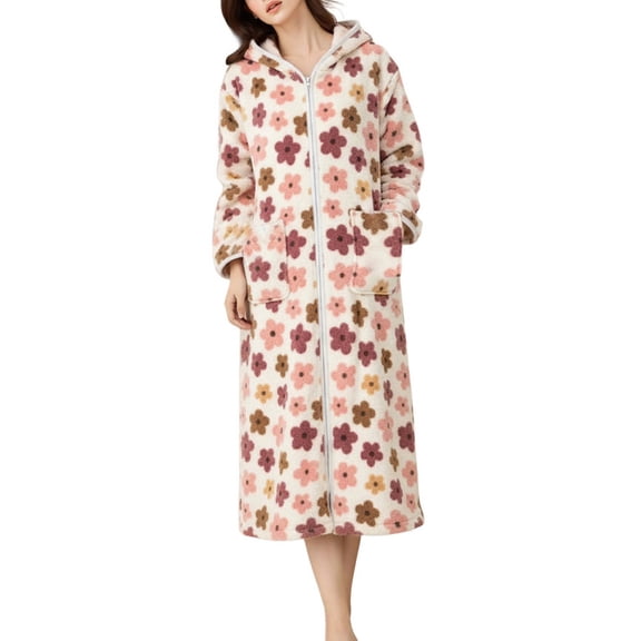 SWSMCLT Women's Long Sleeve Fleece Robe Pajamas Cute Long Thick Winter Warm Comfy Zip Up Fashion Spring Pjs Flower Small-X-Large