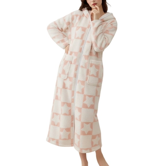 SWSMCLT Women's Long Sleeve Fleece Robe Pajamas Cute Long Thick Winter Warm Comfy Zip Up Fashion Spring Pjs Pink Small-X-Large