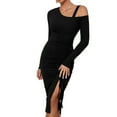 thumbnail image 1 of SWSMCLT Women's Long Sleeve High Split Bodycon Dress Sexy Drawstring Ruched Cold Shoulder Mini Dresses Black Small, 1 of 5