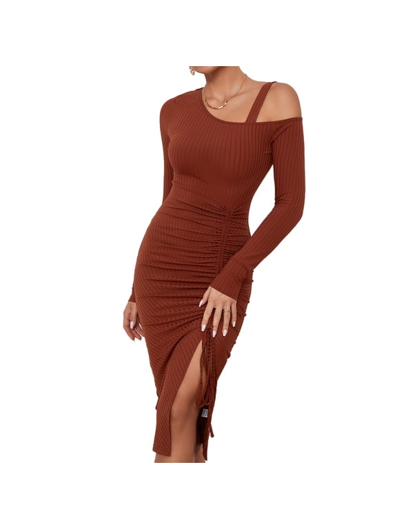Women's Long Sleeve High Split Bodycon Dress Sexy Drawstring Ruched Cold Shoulder Mini Dresses Brown Large