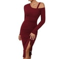 thumbnail image 1 of SWSMCLT Women's Long Sleeve High Split Bodycon Dress Sexy Drawstring Ruched Cold Shoulder Mini Dresses Burgundy Small, 1 of 5