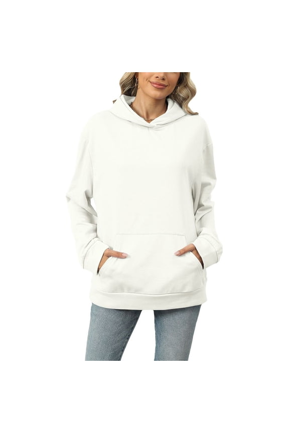 Women's Long Sleeve Hoodie Holiday Billowy Hood Tops Pocket Date Hooded Sweatshirt Fall Baggy Spring White X-Large