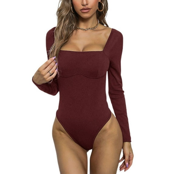 SWSMCLT Women's Long Sleeve Jumper Square Neck Fashion Jumpers And Rompers Bodysuit One Piece Ribbed Cotton High Cut Burgundy Medium