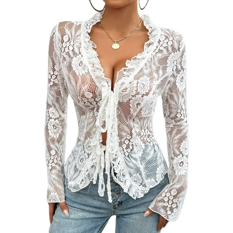 NEW factory Lace Crochet Neck Ruffle Blouse