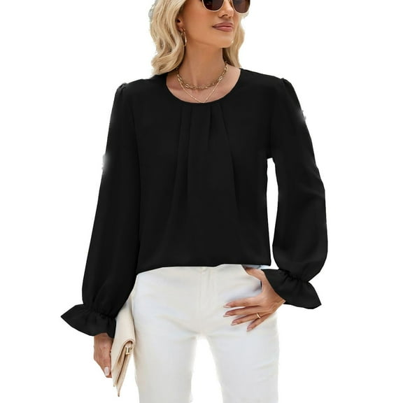 SWSMCLT Women's Long Sleeve Lantern Sleeve Blouse Fashion Fall Casual Top Soft Shirt Work Top Ruffle Button Shirts Black XX-Large