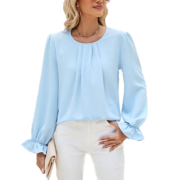 SWSMCLT Women's Long Sleeve Lantern Sleeve Blouse Fashion Fall Casual Top Soft Shirt Work Top Ruffle Button Shirts Blue X-Large