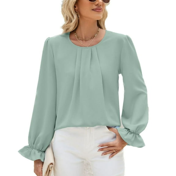 SWSMCLT Women's Long Sleeve Lantern Sleeve Blouse Fashion Fall Casual Top Soft Shirt Work Top Ruffle Button Shirts Green Medium