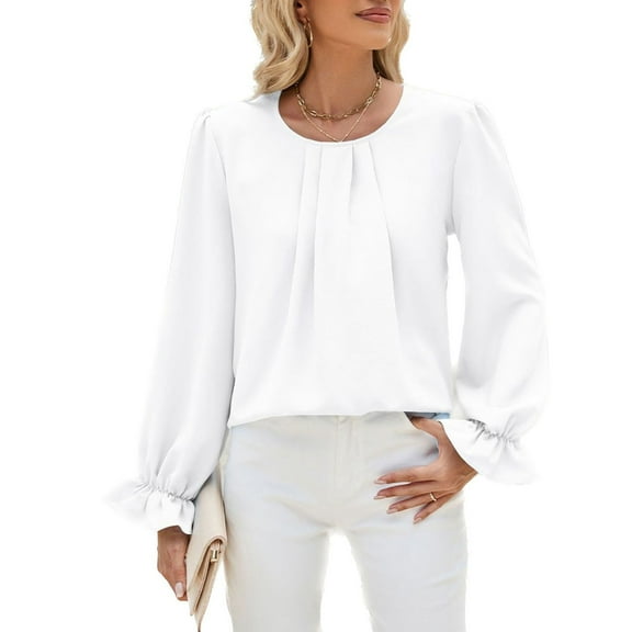 SWSMCLT Women's Long Sleeve Lantern Sleeve Blouse Fashion Fall Casual Top Soft Shirt Work Top Ruffle Button Shirts White X-Large