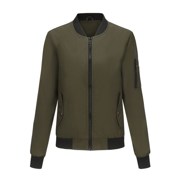 SWSMCLT Women's Long Sleeve Letterman Jacket Solid Windproof Casual Fashion Lightweight Varsity Windbreaker Fall Soft Zipper Pocket Bomber Jackets Army Green Medium