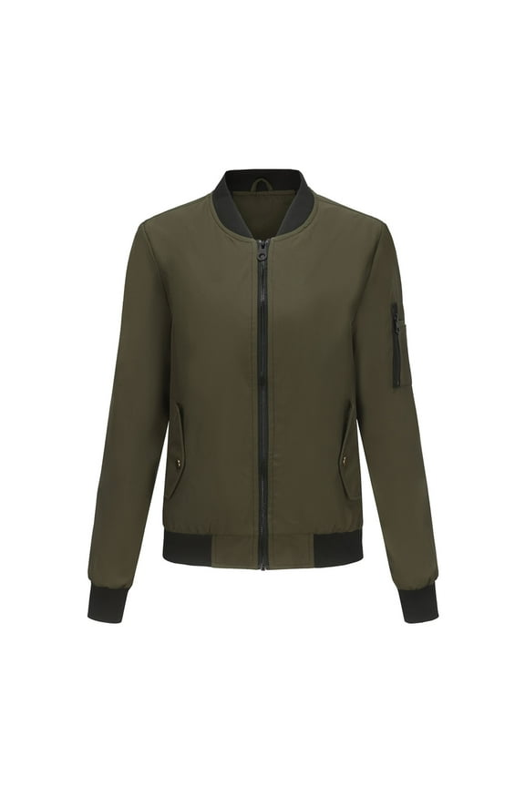 Women's Long Sleeve Letterman Jacket Solid Windproof Casual Fashion Lightweight Varsity Windbreaker Fall Soft Zipper Pocket Bomber Jackets Army Green X-Large