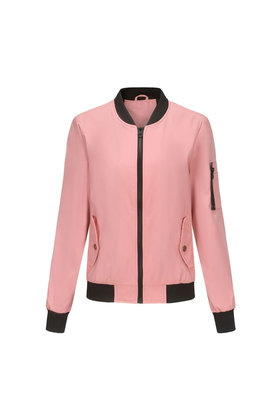 Women's Long Sleeve Letterman Jacket Solid Windproof Casual Fashion Lightweight Varsity Windbreaker Fall Soft Zipper Pocket Bomber Jackets Pink Medium