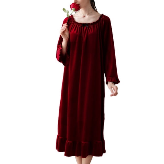 SWSMCLT Women's Long Sleeve Night Gown Velvet Sleep Dress Ruffle Crew Neck Mid-length Nightdress Pleated Burgundy Medium
