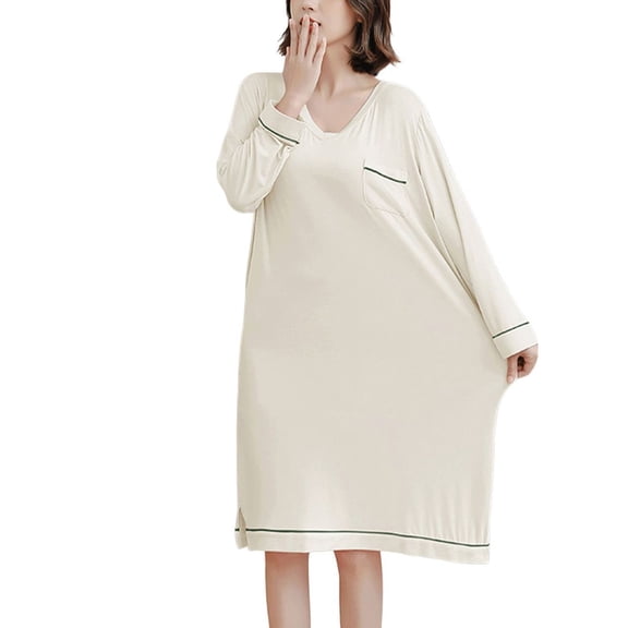 SWSMCLT Women's Long Sleeve Nightgown Casual Lounge Midi Comfy Pocket Night Gown Light Night Dress Loose Beige Large