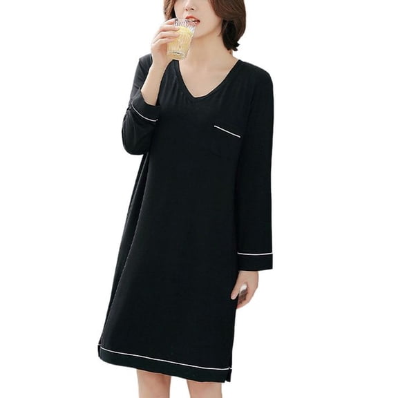 SWSMCLT Women's Long Sleeve Nightgown Casual Lounge Midi Comfy Pocket Night Gown Light Night Dress Loose Black Medium
