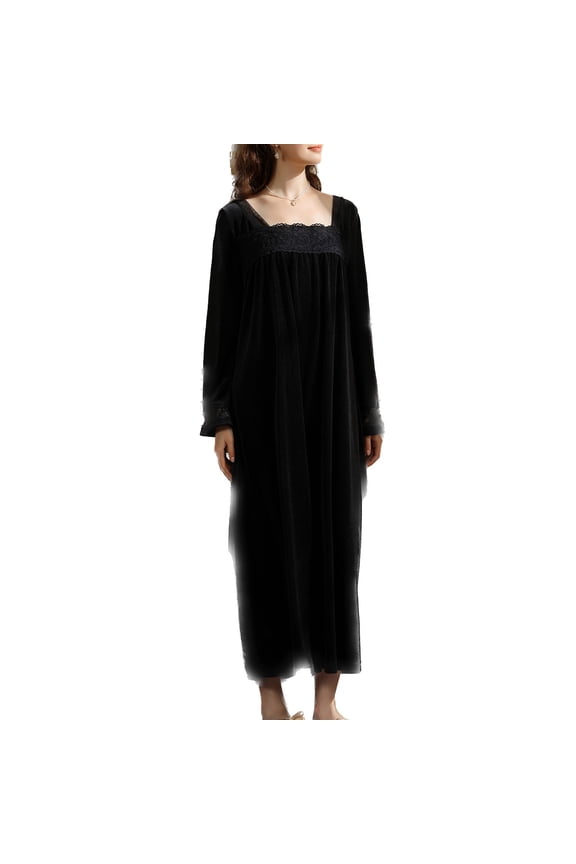 Women's Long Sleeve Nightgown Oversized Pajamas Soft Pjs Long Vintage Velour Lace House Loose Fall Black Large