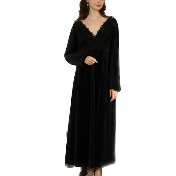 SWSMCLT Women's Long Sleeve Nightgown V Neck Spring Pjs Velour Warm Soft Comfy Lace Vintage Winter Fall Black Large