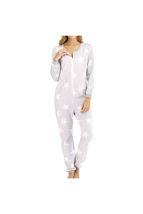 Women's Long Sleeve Onesie Pajamas Pant Romper Zipper Jumper Star Print One Piece Pajama Cinch Bottom Onesies Crew Neck Pjs Loungewear Tapered Leg Sleepwear Grey XX-Large