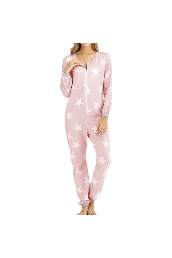 Women's Long Sleeve Onesie Pajamas Pant Romper Zipper Jumper Star Print One Piece Pajama Cinch Bottom Onesies Crew Neck Pjs Loungewear Tapered Leg Sleepwear Pink Medium