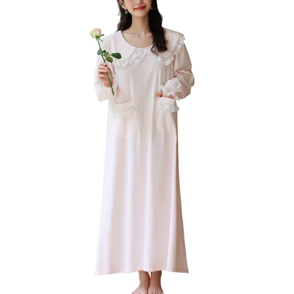 SWSMCLT Women's Long Sleeve Pajamas Cotton Nightgown Winter Spring Oversized Pjs Princess Soft Vintage Light Pink Large