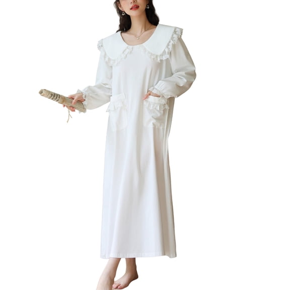 SWSMCLT Women's Long Sleeve Pajamas Cotton Nightgown Winter Spring Oversized Pjs Princess Soft Vintage White Medium