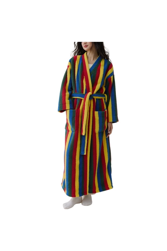 Women's Long Sleeve Pajamas Fleece Robe Long Winter Thick Warm Bath Soft Polar Fleece V Neck Fall Pjs Rainbow Large