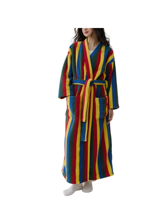 Women's Long Sleeve Pajamas Fleece Robe Long Winter Thick Warm Bath Soft Polar Fleece V Neck Fall Pjs Rainbow X-Large