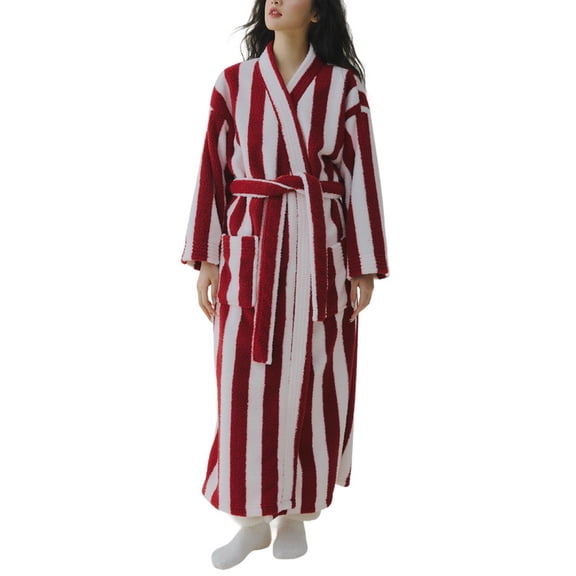 SWSMCLT Women's Long Sleeve Pajamas Fleece Robe Long Winter Thick Warm Bath Soft Polar Fleece V Neck Fall Pjs Red Medium