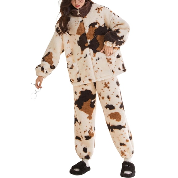 SWSMCLT Women's Long Sleeve Pajamas Fuzzy Pajama Set 2 Piece Thick Oversized Spring Comfy Soft Pant Lounge Set Coffee Large