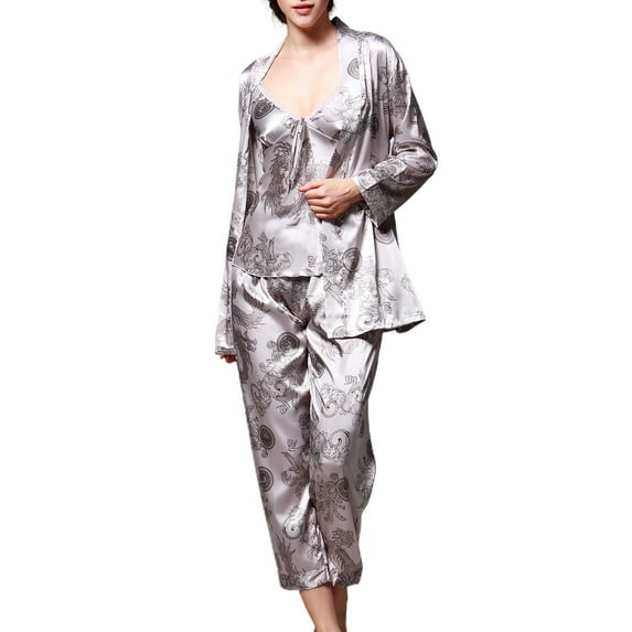 SWSMCLT Women's Long Sleeve Pajamas Satin Pj Set 3 Piece Silky Cami Long Sleep Long Pants Summer Sleepwear Sleepwear Grey Small