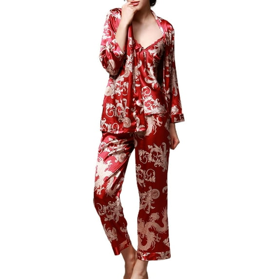 SWSMCLT Women's Long Sleeve Pajamas Satin Pj Set 3 Piece Silky Cami Long Sleep Long Pants Summer Sleepwear Sleepwear Red Small