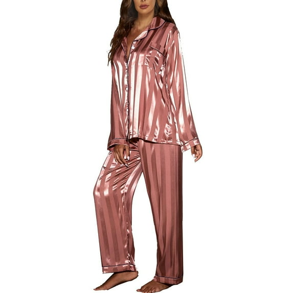 SWSMCLT Women's Long Sleeve Pajamas Satin Soft Thin 2 Piece Lounge Set Pajama Set Summer Button Up Silky Fall Rose Medium