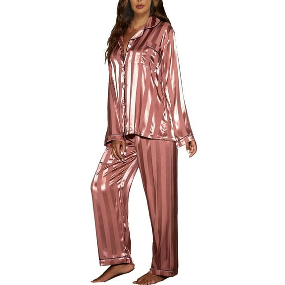 SWSMCLT Women's Long Sleeve Pajamas Satin Soft Thin 2 Piece Lounge Set Pajama Set Summer Button Up Silky Fall Rose Small