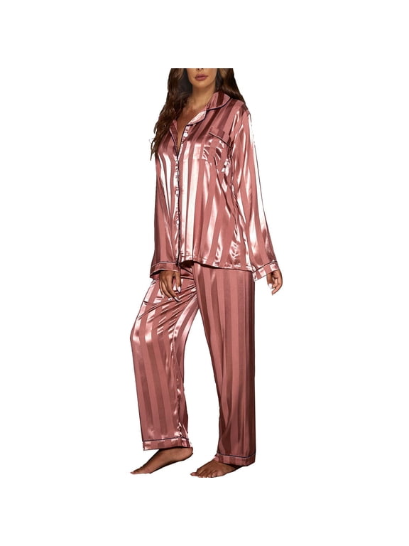 Women's Long Sleeve Pajamas Satin Soft Thin 2 Piece Lounge Set Pajama Set Summer Button Up Silky Fall Rose Small