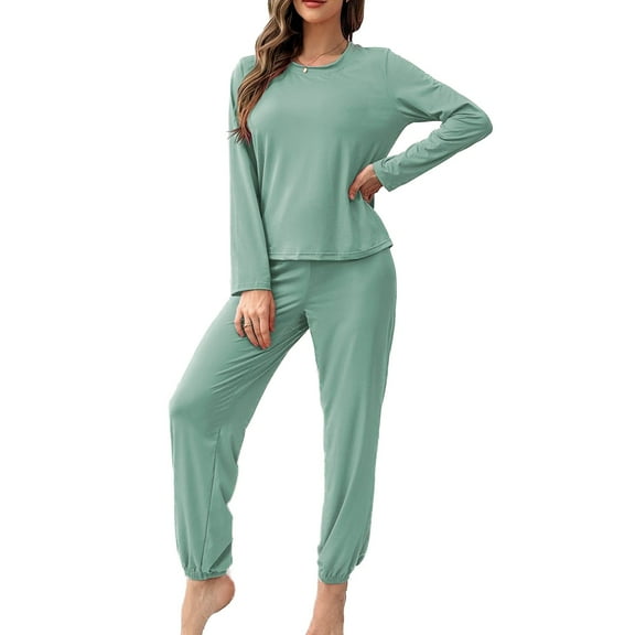 SWSMCLT Women's Long Sleeve Pajamas Set Pj Sleepwear Fall Elastic Waist Lounge Set Winter Pajama Set Crew Neck Loose High Waisted Closed Bottoms Drawstring Pants Green Medium