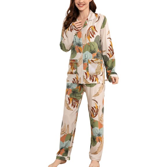 SWSMCLT Women's Long Sleeve Pajamas Set Silky Comfy Spring Fall Thin V Neck 2 Piece Lounge Set Soft Pjs Satin Holiday Brown 20
