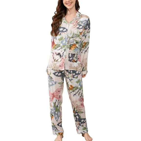 SWSMCLT Women's Long Sleeve Pajamas Set Silky Comfy Spring Fall Thin V Neck 2 Piece Lounge Set Soft Pjs Satin Holiday Butterfly 20