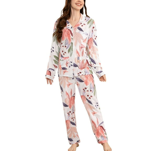 SWSMCLT Women's Long Sleeve Pajamas Set Silky Comfy Spring Fall Thin V Neck 2 Piece Lounge Set Soft Pjs Satin Holiday Leaf 20