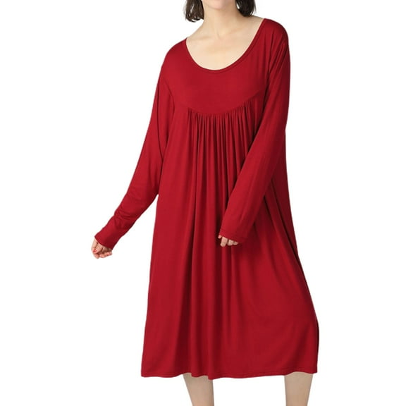 SWSMCLT Women's Long Sleeve Plus Size Lightweight Thin Sleepwear Nightgown Cotton Pajama Dress Soft Sleep Dress Crew Neck 34 Red Large