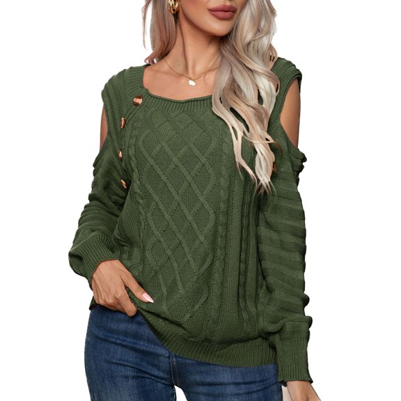 SWSMCLT Women's Long Sleeve Pullover Sweater Soft Fall Crewneck Knitwear Top Knitted Cold Shoulder Holiday Sexy Casual Army Green Small