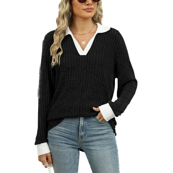 SWSMCLT Women's Long Sleeve Pullover Sweater Soft Pullover Loose Spring Spandex Top Warm Fashion Casual V Neck Cozy Work Black Large