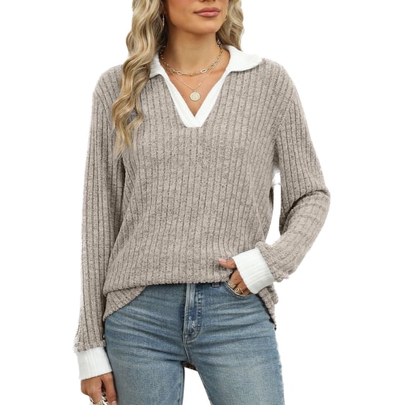 SWSMCLT Women's Long Sleeve Pullover Sweater Soft Pullover Loose Spring Spandex Top Warm Fashion Casual V Neck Cozy Work Khaki Medium