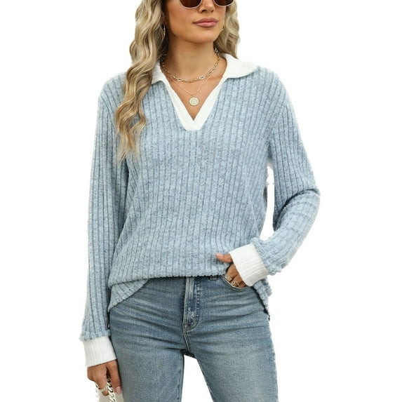 SWSMCLT Women's Long Sleeve Pullover Sweater Soft Pullover Loose Spring Spandex Top Warm Fashion Casual V Neck Cozy Work Light Blue Medium