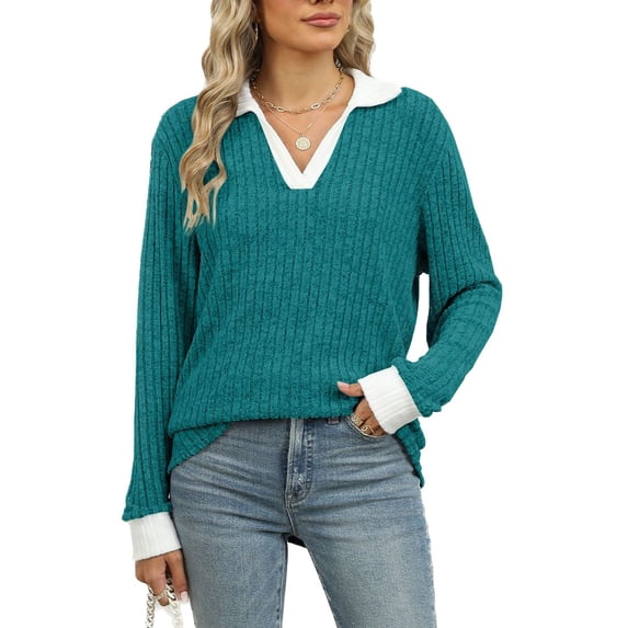 SWSMCLT Women's Long Sleeve Pullover Sweater Soft Pullover Loose Spring Spandex Top Warm Fashion Casual V Neck Cozy Work Peacock Blue Large