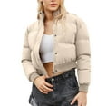 thumbnail image 1 of SWSMCLT Women's Long Sleeve Quilted Jackets Cute Mini Short Puffer Jacket Warm Puffy Outerwear Fall Winter Thick Casual Zipper Mock Neck Loose Fit Cropped Jacket Crop Top Coats Khaki Small, 1 of 4