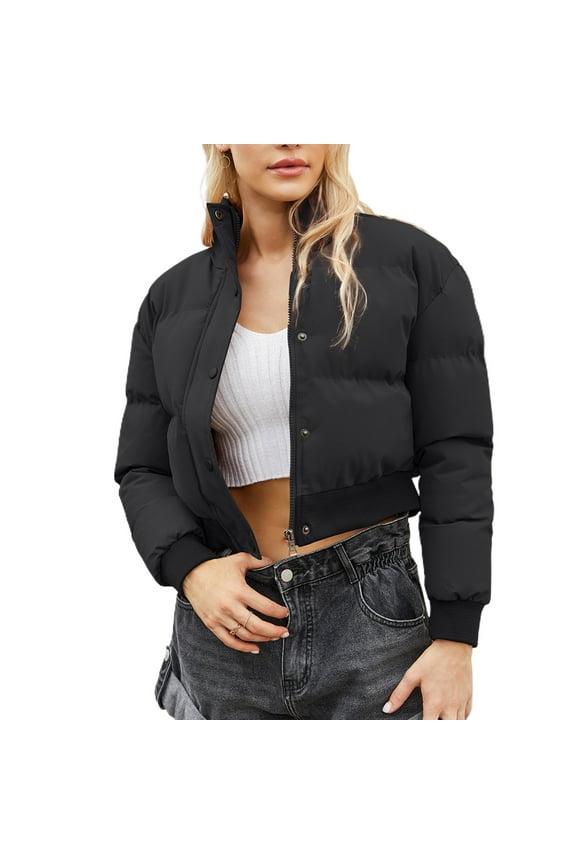 Women's Long Sleeve Quilted Jackets Cute Mini Short Puffer Jacket Warm Puffy Outerwear Fall Winter Thick Casual Zipper Mock Neck Loose Fit Cropped Jacket Crop Top Coats Black Large