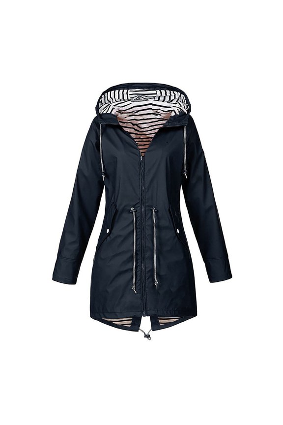 Women's Long Sleeve Rain Jacket Split Full Zip Hooded Windbreaker Lightweight Fall Raincoat Spring Slim Fit Anorak Jackets Navy Small